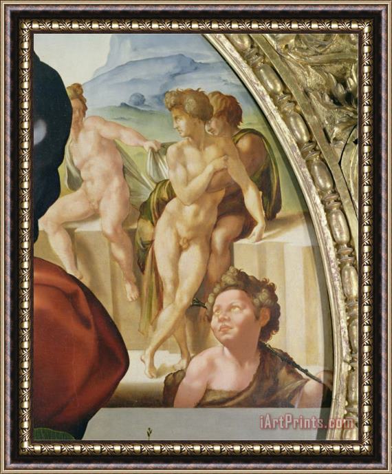 Michelangelo Buonarroti The Holy Family with St John Showing Nude Figures in The Background 1504 05 Detail Framed Print