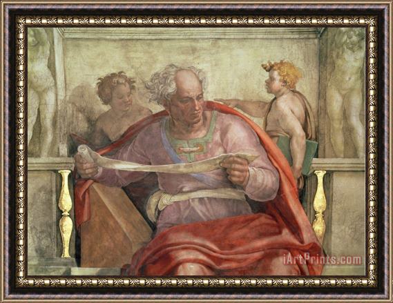 Michelangelo Buonarroti The Prophet Joel From The Sistine Ceiling Pre Restoration Framed Painting