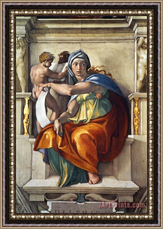 Michelangelo Buonarroti The Sistine Chapel Ceiling Frescos After Restoration The Delphic Sibyl Framed Painting