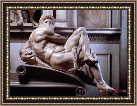 Michelangelo Buonarroti Tomb of Giuliano De Medici Detail of Day 1520 33 Framed Painting