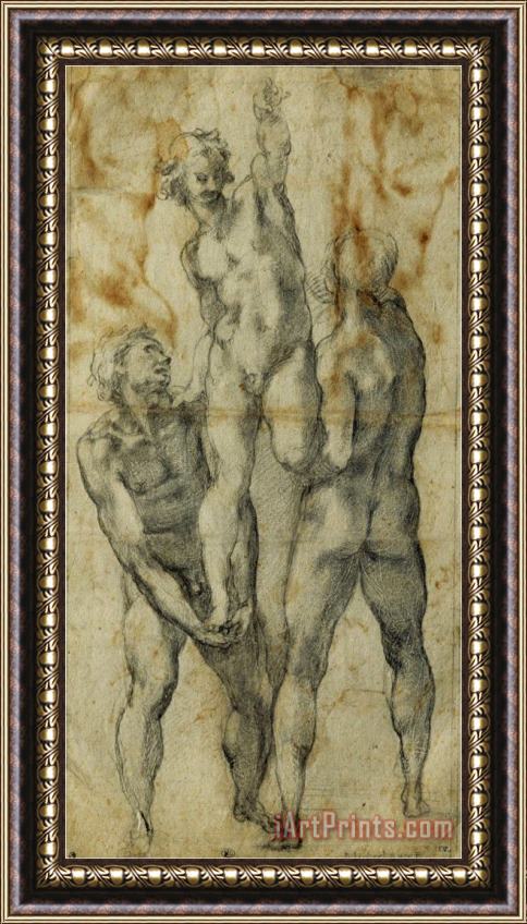Michelangelo Buonarroti Two Male Nudes Lifting Up a Third Man Framed Painting