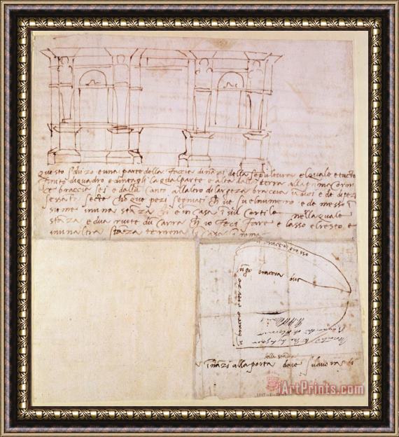 Michelangelo Buonarroti W 23r Architectural Sketch with Notes Framed Painting
