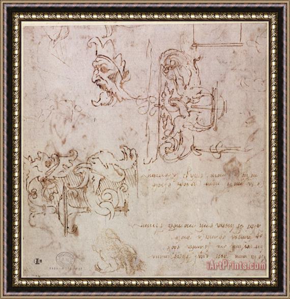 Michelangelo Buonarroti W 3v Roughly Sketched Designs for Furniture And Decorations Framed Print