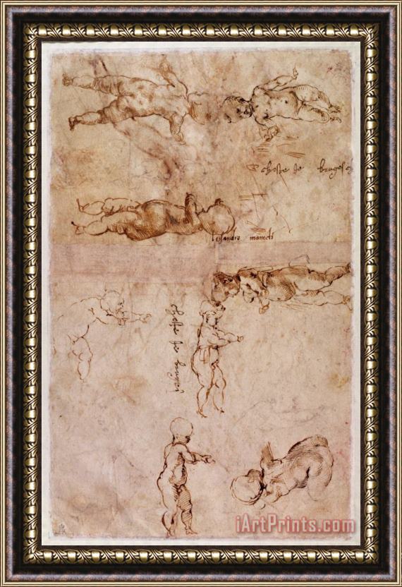 Michelangelo Buonarroti W 4v Page of Sketches of Babies Or Cherubs Framed Painting
