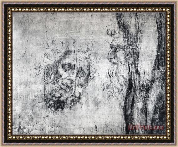 Michelangelo Buonarroti Wall Drawing of Two Heads C 1530 Framed Painting