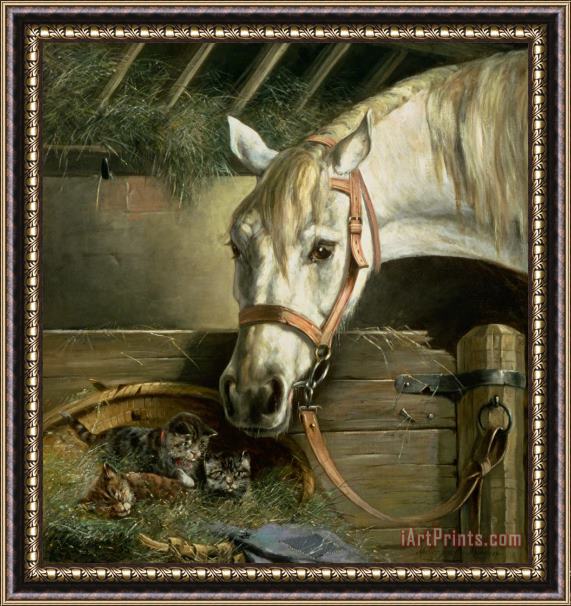 Moritz Muller Horse and kittens Framed Painting