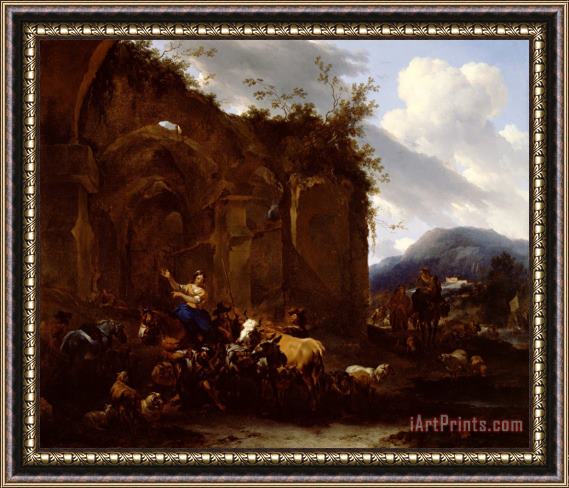 Nicolaes Pietersz Berchem A Farrier And Peasants Near Roman Ruins Framed Painting