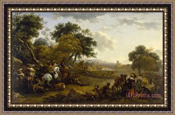 Nicolaes Pietersz Berchem Landscape with a Hunting Party Framed Painting