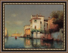 Fishing Boats in a Calm Sea Framed Prints - Venetian Canal Scene with Fishing Boats And Gondolas by Noel Bouvard