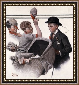 Babys First Steps Framed Prints - Boy with Baby Carriage 1916 by Norman Rockwell