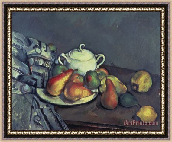 Paul Cezanne Still Life with Sugar Can Pears And Tablecloth Framed Print