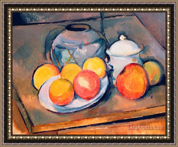 Paul Cezanne Straw Covered Vase Sugar Bowl And Apples Framed Print