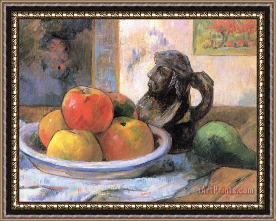Paul Gauguin Still Life with Apples, a Pear, And a Ceramic Portrait Jug Framed Painting