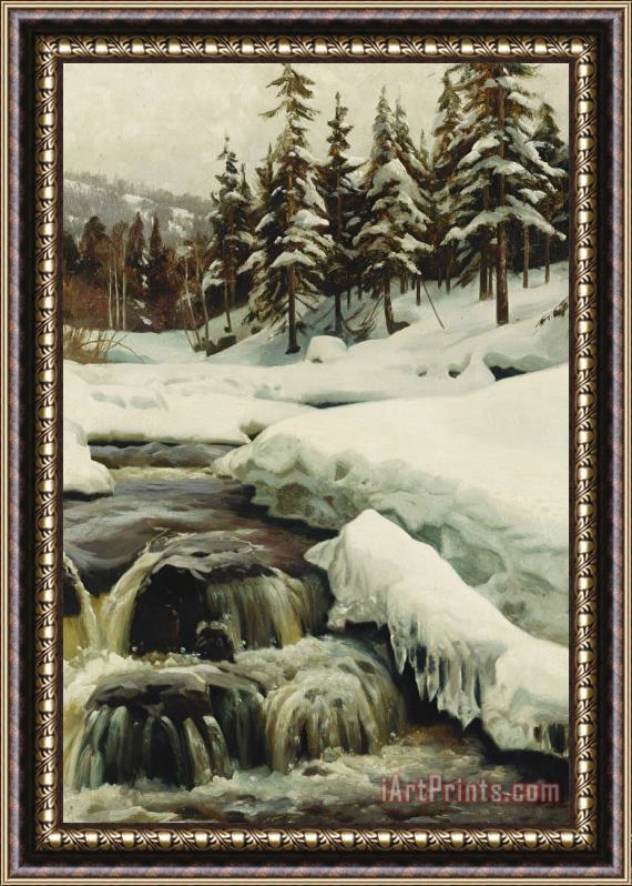 Peder Monsted A Winter Landscape With A Mountain Torrent Framed Painting