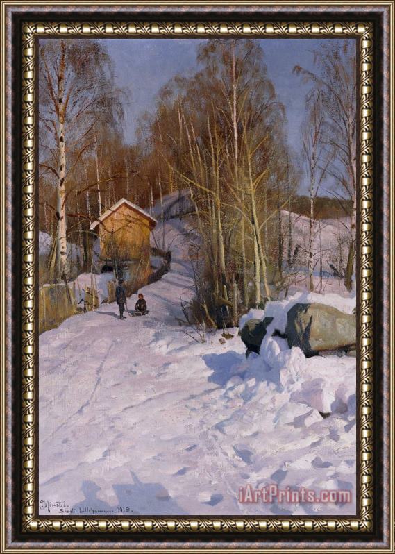 Peder Monsted A Winter Landscape With Children Sledging Framed Painting