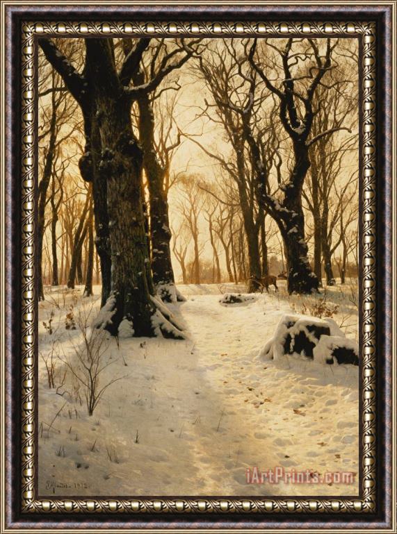 Peder Monsted A Wooded Winter Landscape With Deer Framed Painting