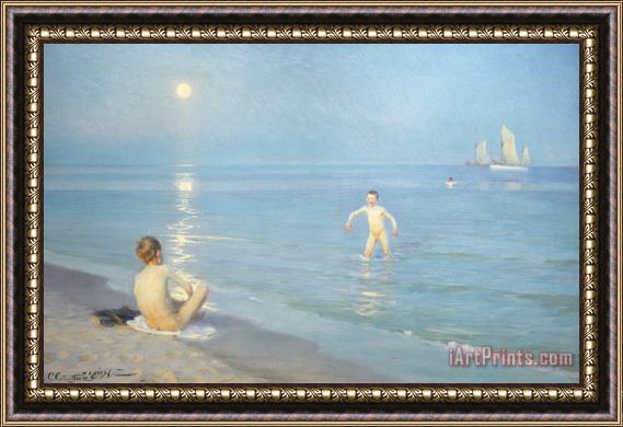 Peder Severin Kroyer Boys On The Seashore In A Summer Night At Skagen 1899 Framed Print