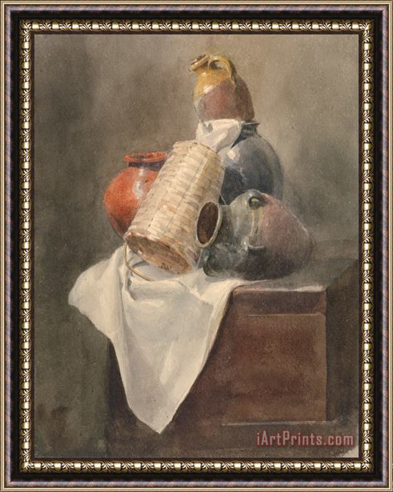 Peter de Wint Still Life Pots, Basket And Cloth on a Chest Framed Print
