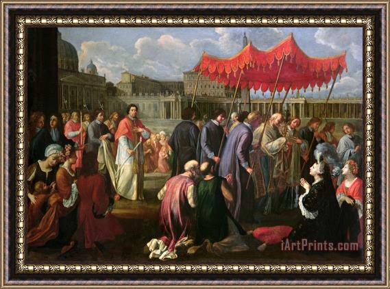 Pier Leone Ghezzi Pope Clement XI in a Procession in St. Peter's Square in Rome Framed Painting