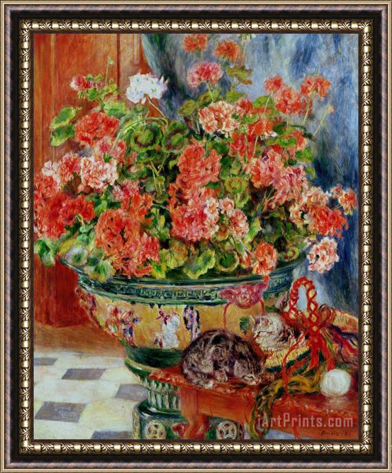 Pierre Auguste Renoir Geraniums and Cats Framed Painting