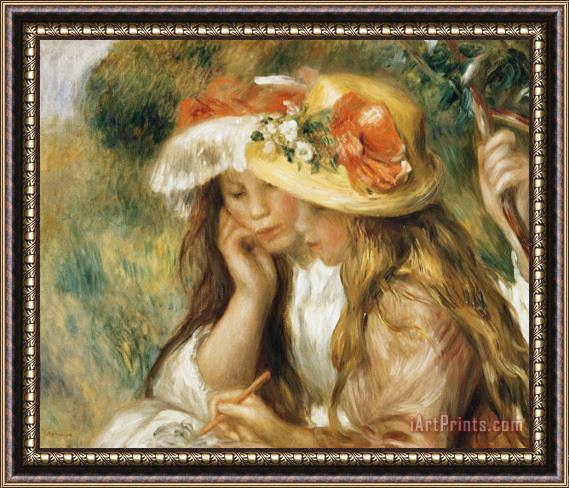 Pierre Auguste Renoir Two Girls Drawing Framed Painting