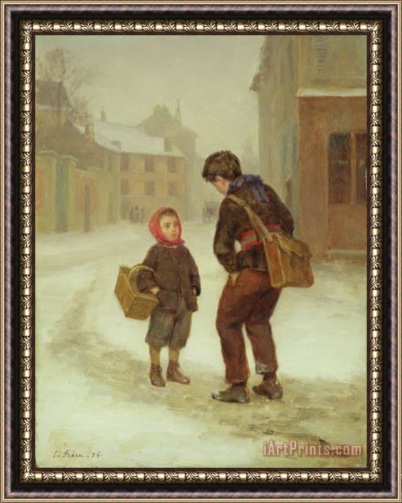 Pierre Edouard Frere On the way to school in the snow Framed Print