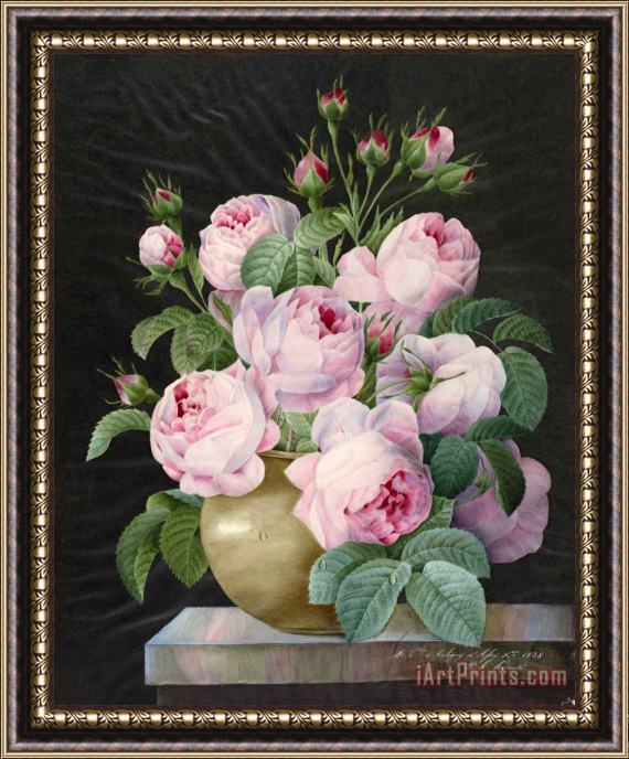 Pierre Joseph Redoute Pink Roses in a Vase Framed Print