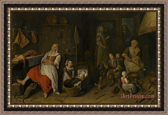 Pieter Gerritsz. Van Roestraeten A Kitchen Interior with a Woman Cooking at The Hearth Children Playing And a Woman Resting by The Butchers Table Framed Print