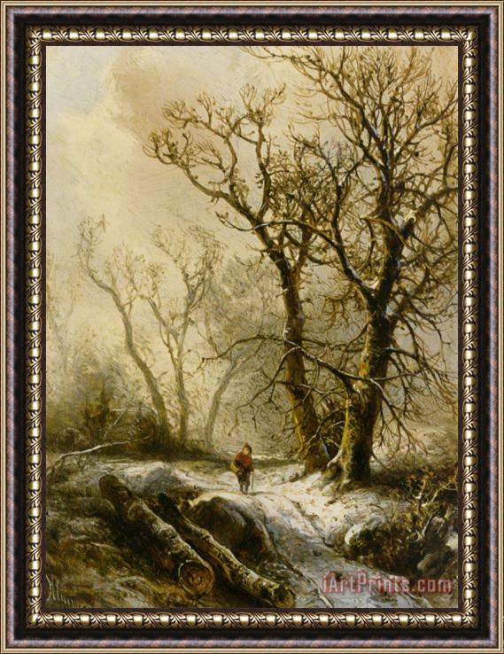 Pieter Lodewijk Francisco Kluyver A Figure in a Snowy Forest Landscape Framed Painting
