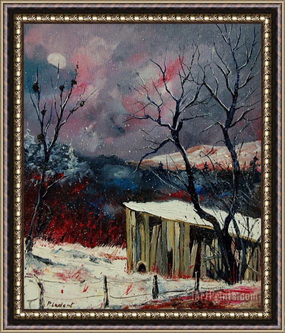 Pol Ledent Old barn in winter Framed Painting