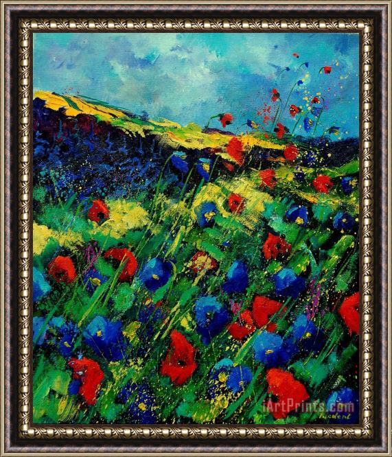 Pol Ledent Red and blue poppies 56 Framed Painting