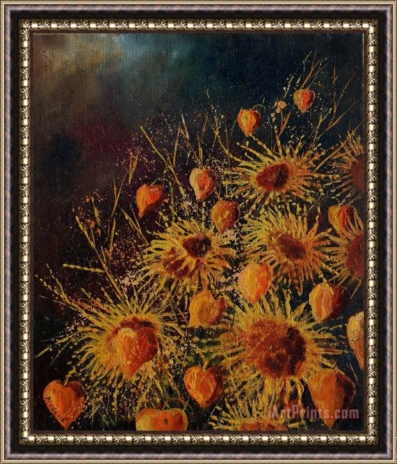 Pol Ledent Sun flowers and physialis Framed Painting