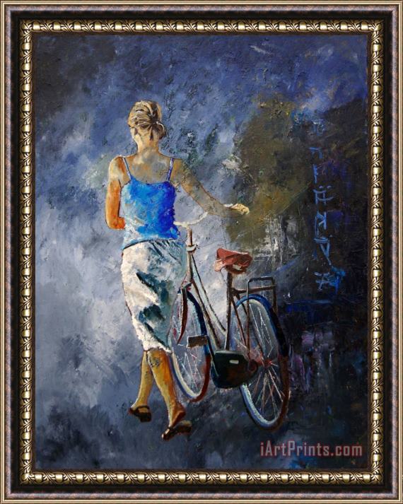 Pol Ledent Waking aside her bike 68 Framed Painting
