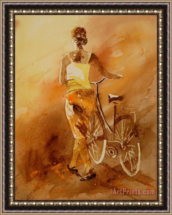 Pol Ledent Watercolor With My Bike Framed Painting