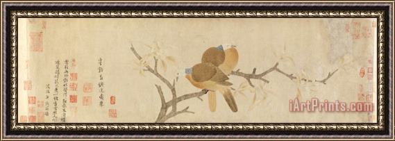 Qian Xuan Doves And Pear Blossoms After Rain Framed Print