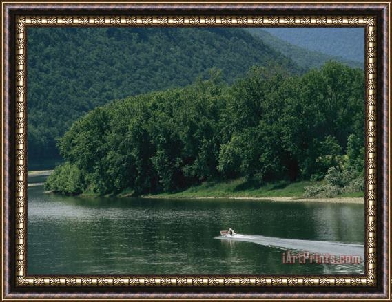 Raymond Gehman A Small Motorboat on The Susquehanna River Near The Endless Mountains Framed Painting
