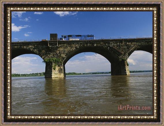 Raymond Gehman A Train Crosses The Rockville Bridge C 1902 The Longest Stone Arch Railroad Bridge in The World Framed Painting