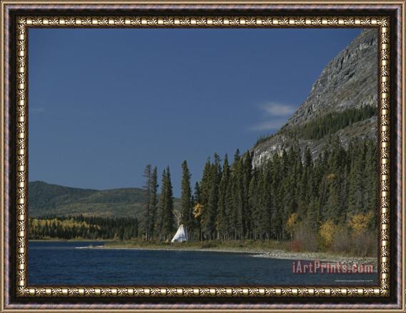 Raymond Gehman A White Tent Nestles Among Tall Evergreens at a Riverside Campsite Framed Painting