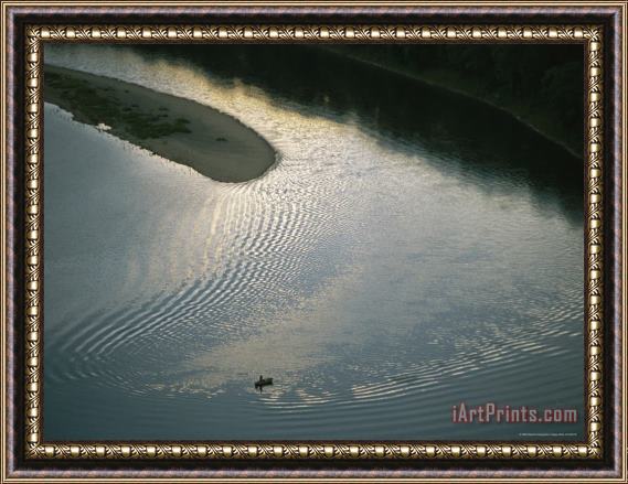 Raymond Gehman Birds Eye View of a Fishing Boat Encircled by Ripples From Its Wake Framed Print