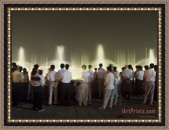 Raymond Gehman Chinese People Watching a Lighted Musical Water Fountain at Night Framed Painting