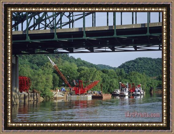 Raymond Gehman Construction Site And Equipment Near a Bridge on The Kanawha River Framed Painting