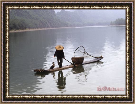 Raymond Gehman Cormorant Fisherman on Bamboo Raft Li River Guilin Guangxi China Framed Print