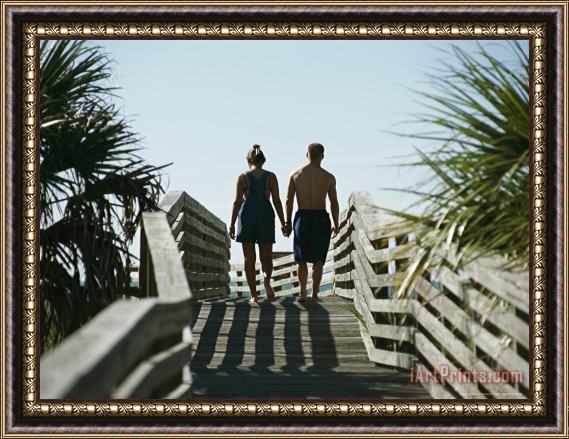 Raymond Gehman Couple Strolling Hand in Hand on The Boardwalk Framed Painting