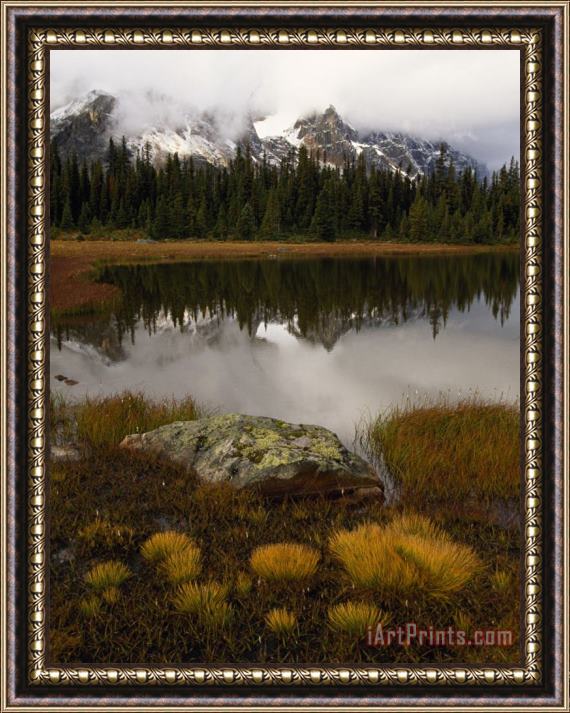 Raymond Gehman Dusted with Snow The Ramparts Tower Above Spruce Fringed Moat Lake Framed Painting