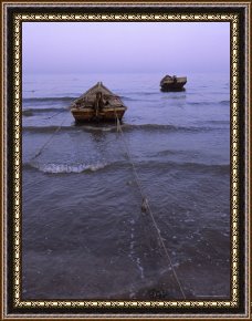 Fishing Boats in a Calm Sea Framed Prints - Fishermen Moor Their Boats Bohai Sea Twilight Qinhuangdao China by Raymond Gehman