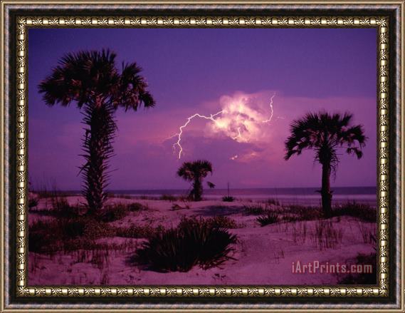 Raymond Gehman Lightning Illuminates The Purple Sky Over Cumberland Island National Seashore Framed Print