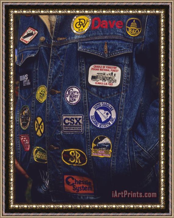 Raymond Gehman Man's Denim Jacket Covered with Railroad Related Patches Framed Painting