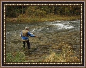 Two Men Fly Fishing in a Swift Moving River Framed Prints for Sale