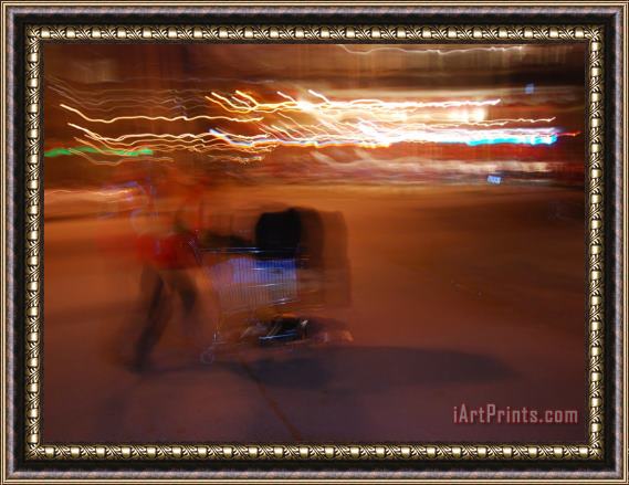 Raymond Gehman Man Pushing a Shopping Cart on a San Francisco Street at Night Framed Print