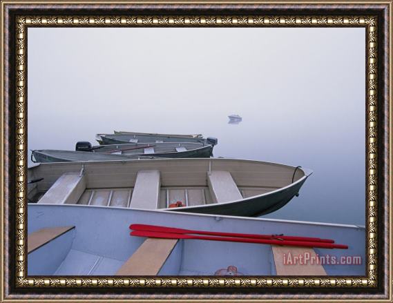 Raymond Gehman Morning Fog on Lake Mcdonald Keeps Rowboats at Anchor Framed Print